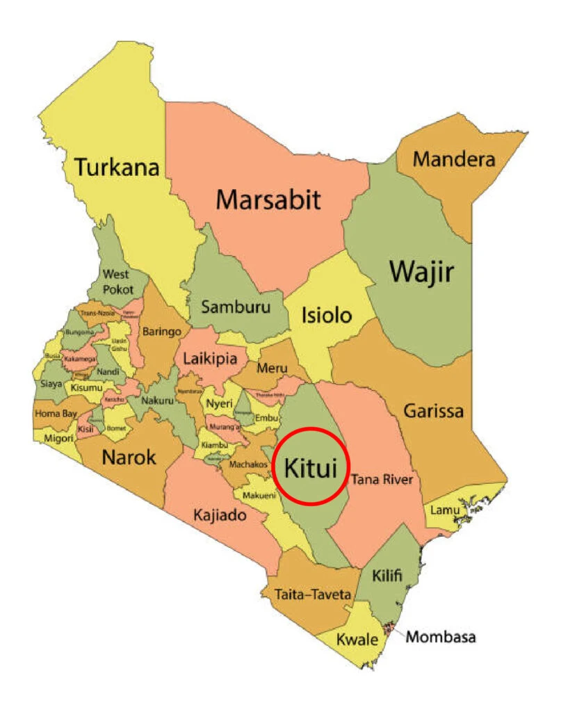 Map of Kenya showing Kitui County circled